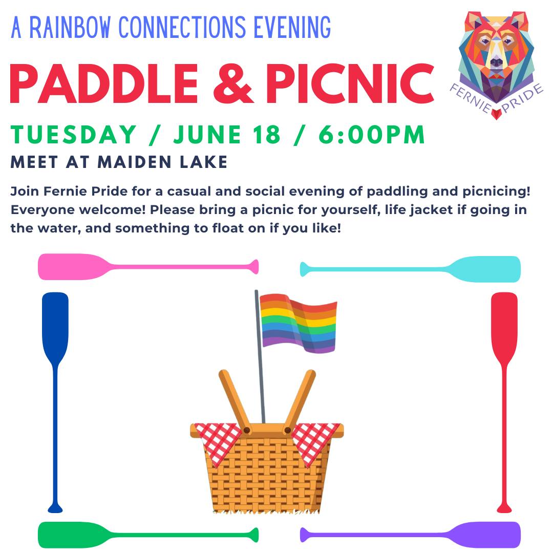 Paddle & Picnic sign with picnic basket and oars in rainbow colours.