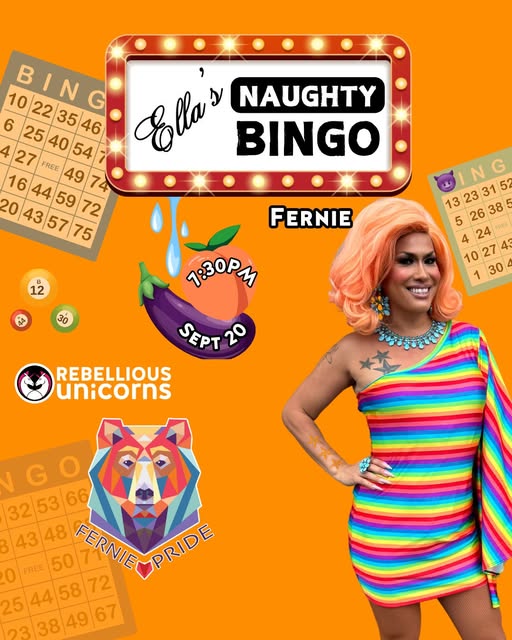 Orange background with a marquee sign saying Ella's Naughty Bingo and Drag Queen Ella in a knee length striped rainbow dress