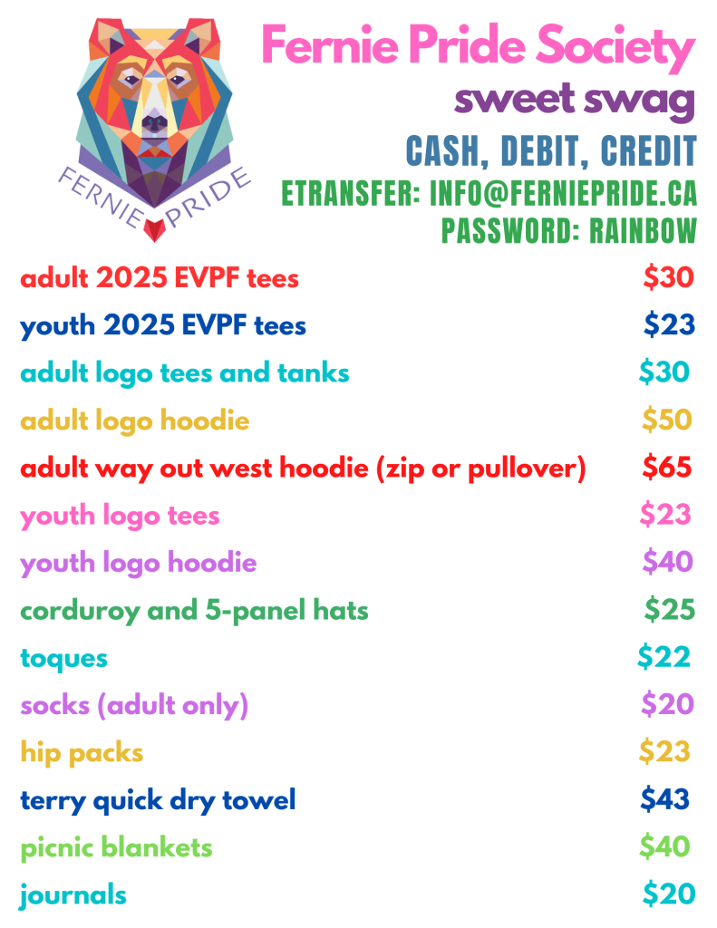 Adults EVPFS tees $30 youth EVPS tees $23 adult logo tees and tanks $30 adult logo hoodie $50 adult way out west hoodie - zip or pullover $65 youth logo tees $23 youth logo hoodie $40 corduroy and 5-panel hats $25 toques $22 socks $20 hip packs $23 terry quick dry towel $43 picnic blankets $40 journals $20